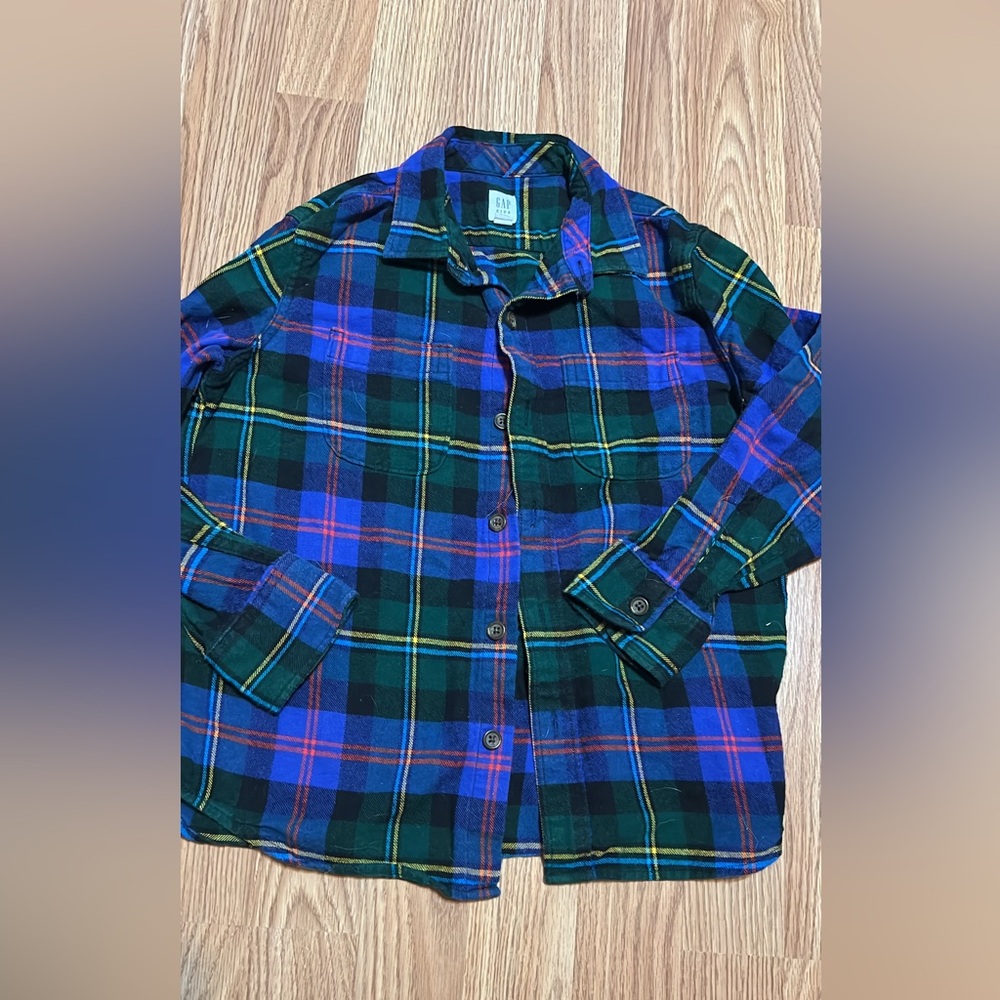 GAP Kids Blue & Green Plaid Flannel Button Down Shirt